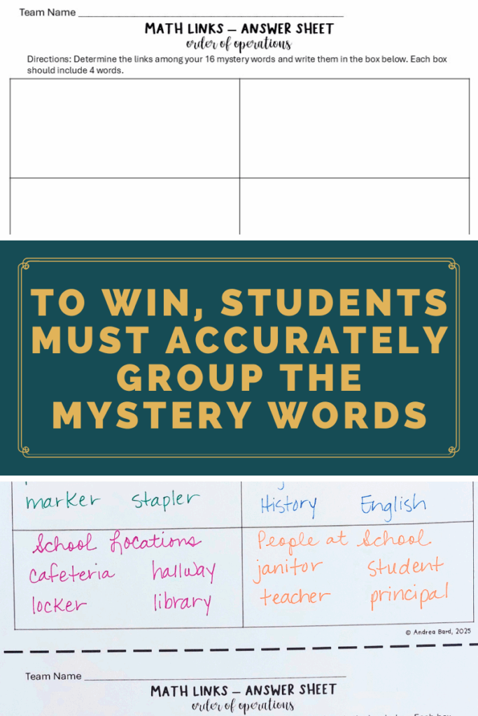 Final answer sheet for a puzzle style math review game